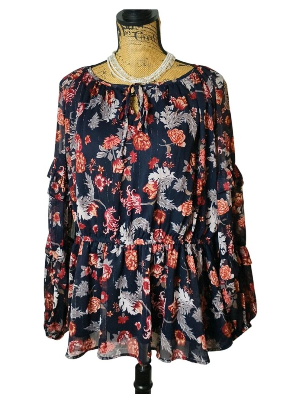 Maurices Womens L Floral Boho Peasant Top Black Red Tiered Bell Sleeves Chic